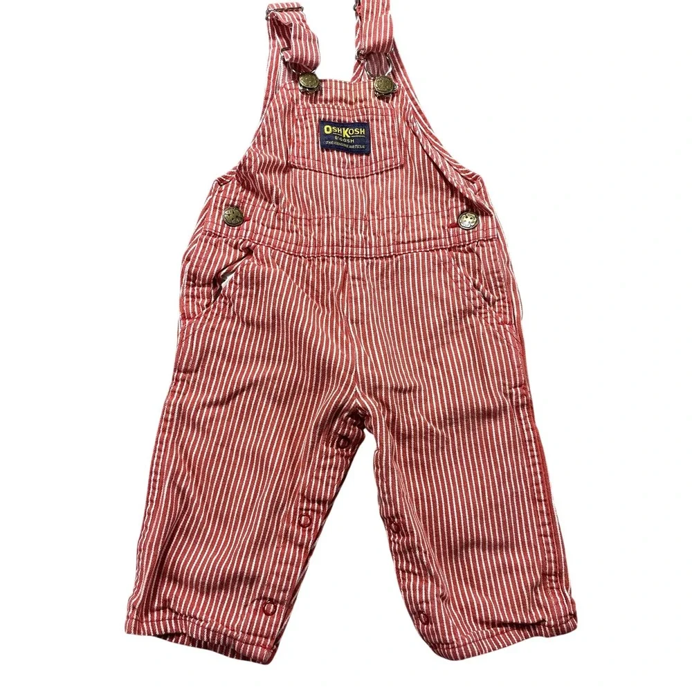 VTG 80s OshKosh B'gosh Vestbak Overalls Infant Boys 6-9M Red Stripe Denim USA